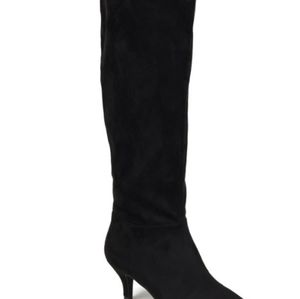 Black kitten heel slouch pointed toe boots